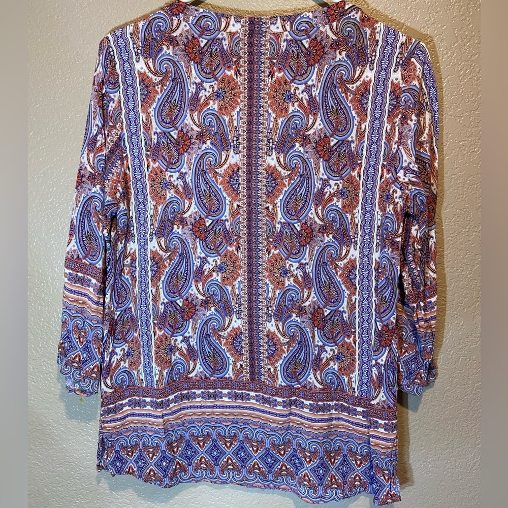 crosby. Women's Paisley V-Neck Blouse - Blue and Orange - Picture 2 of 2